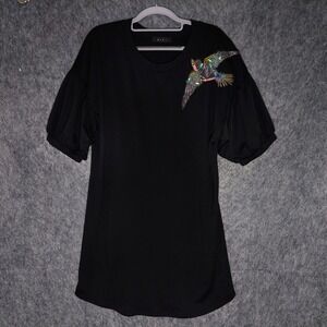 KIKI T-Shirt Dress Women Large Black Sequin Bird Embellished Puff Sleeve Mini